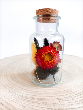 Pot gevuld met droogbloemen in herfst kleuren